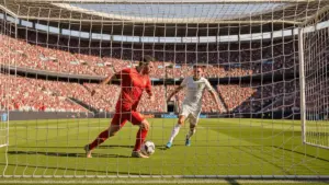 World Cup soccer match action with teams competing in packed stadium during group stage finale