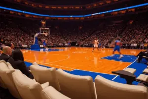 Courtside seats at Madison Square Garden during NBA Finals game with Knicks court and packed arena stands