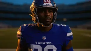 NFL edge rusher in Giants uniform standing alone on sideline in dramatic stadium lighting