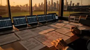 MLB front office war room during trade deadline with documents and city skyline view