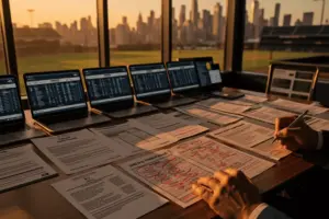MLB front office war room during trade deadline with documents and city skyline view