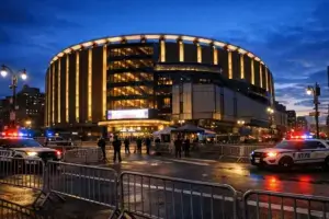 Madison Square Garden exterior with security perimeter and barriers for NBA Finals Game 3