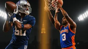 Split scene of Giants helmet catch and Knicks tip-in showing iconic New York sports miracle moments