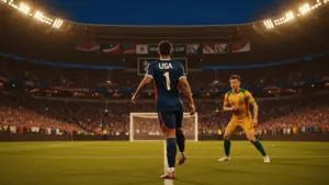 USA vs Australia World Cup soccer match at packed stadium with players competing on pitch