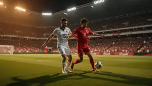USA soccer player competing against Turkey during intense World Cup group stage match at night stadium