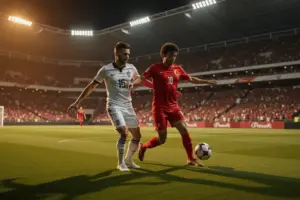 USA soccer player competing against Turkey during intense World Cup group stage match at night stadium