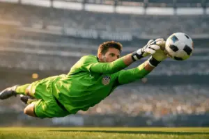 USMNT goalkeeper diving to make save at MetLife Stadium during World Cup match
