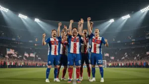 USMNT soccer players celebrating victory under stadium lights with American flags in crowd