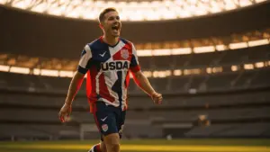 USMNT player celebrating goal at SoFi Stadium during World Cup 2026 Group D match