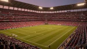 Soccer stadium filled with fans during FIFA World Cup match under evening lights