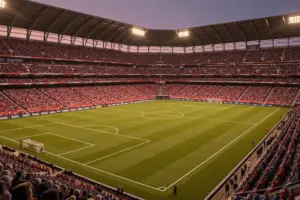 Soccer stadium filled with fans during FIFA World Cup match under evening lights