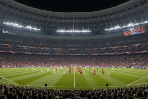 SoFi Stadium lit up at night during USMNT vs Paraguay 2026 World Cup match with packed crowd