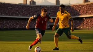 USMNT player dribbling against Australia defender during World Cup 2026 match at Lumen Field in Seattle