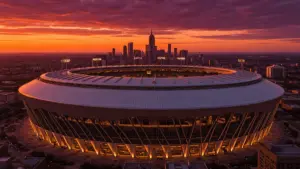MetLife Stadium exterior at sunset with New York City skyline in background