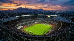 Estadio Azteca stadium at sunset during World Cup match with Mexico City skyline in background