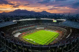 Estadio Azteca stadium at sunset during World Cup match with Mexico City skyline in background