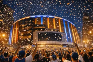Madison Square Garden lit up at night with celebrating Knicks fans during NBA Finals championship atmosphere
