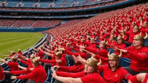 Norwegian World Cup fans in Viking helmets performing synchronized Viking Row celebration in stadium bleachers