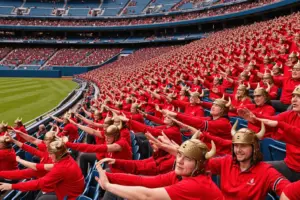 Norwegian World Cup fans in Viking helmets performing synchronized Viking Row celebration in stadium bleachers