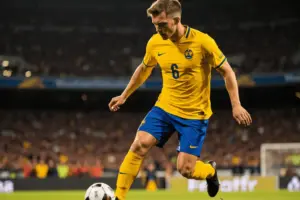 Swedish striker in yellow jersey preparing to shoot during World Cup match action