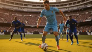 Uruguay player controls ball against Cape Verde defenders at Hard Rock Stadium World Cup match