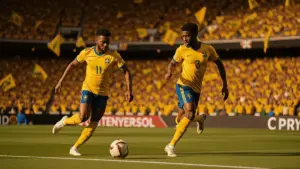 Brazilian soccer players attacking in yellow jerseys during World Cup 2026 match at Lincoln Financial Field