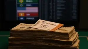 Stack of cash on betting counter with World Cup ticket and odds board in background