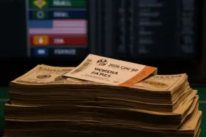 Stack of cash on betting counter with World Cup ticket and odds board in background