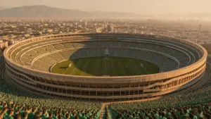 Estadio Azteca stadium packed with fans during golden hour in Mexico City for 2026 World Cup opener