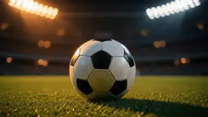 Soccer ball on stadium field with dramatic lighting for World Cup betting in Georgia