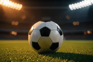 Soccer ball on stadium field with dramatic lighting for World Cup betting in Georgia