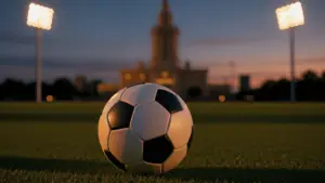 Soccer ball on stadium field with Texas Capitol building in background at sunset