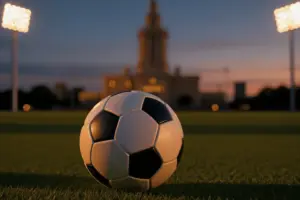 Soccer ball on stadium field with Texas Capitol building in background at sunset