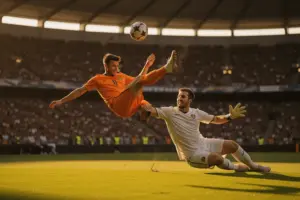 Soccer player executing bicycle kick during intense World Cup match in packed stadium