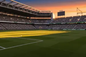 Modern soccer stadium at golden hour with packed stands and pristine green pitch under dramatic sunset lighting