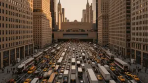 Aerial view of heavy traffic congestion in Midtown Manhattan during rush hour near Penn Station