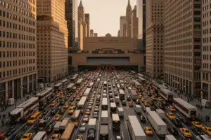Aerial view of heavy traffic congestion in Midtown Manhattan during rush hour near Penn Station