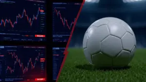 Bitcoin price charts declining alongside World Cup soccer ball representing betting opportunities