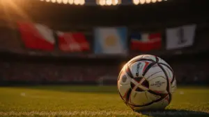 FIFA World Cup match ball on stadium pitch under dramatic floodlights with international flags in background