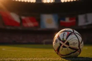 FIFA World Cup match ball on stadium pitch under dramatic floodlights with international flags in background