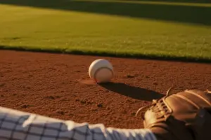 Baseball rolling past Yankees fielder's glove on infield dirt at Yankee Stadium
