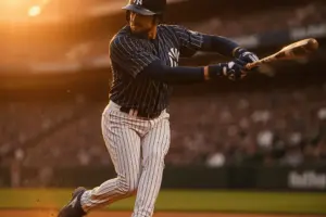 Yankees first baseman Paul Goldschmidt mid-swing at Yankee Stadium during power surge