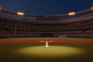 Yankee Stadium right field illuminated at twilight with empty position spotlight