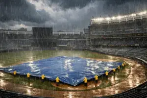 Yankee Stadium field covered by tarps during heavy rain postponement with storm clouds overhead