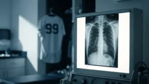 Medical x-ray scan and Yankees jersey representing Aaron Judge's rib injury diagnosis