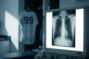Medical x-ray scan and Yankees jersey representing Aaron Judge's rib injury diagnosis
