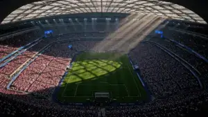 Mercedes-Benz Stadium aerial view during World Cup 2026 match with packed crowd and illuminated pitch