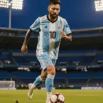 Lionel Messi in Argentina jersey during World Cup 2026 knockout match at Hard Rock Stadium