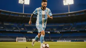 Lionel Messi in Argentina jersey during World Cup 2026 knockout match at Hard Rock Stadium