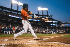 Mets player swinging bat at home plate during night game at Citi Field